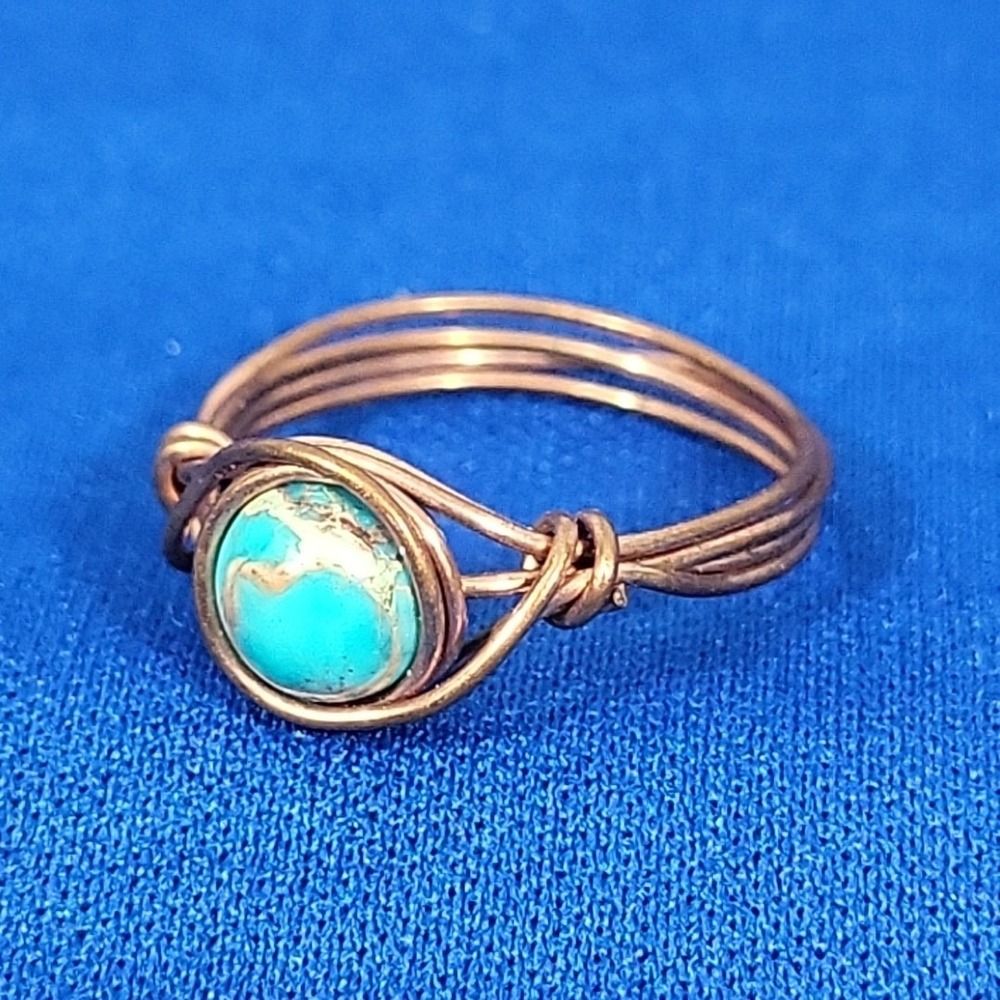 Copper‎ Wire Wrapped Ring Faux Turquoise Blue Stone Small Size 5 Urban Boho